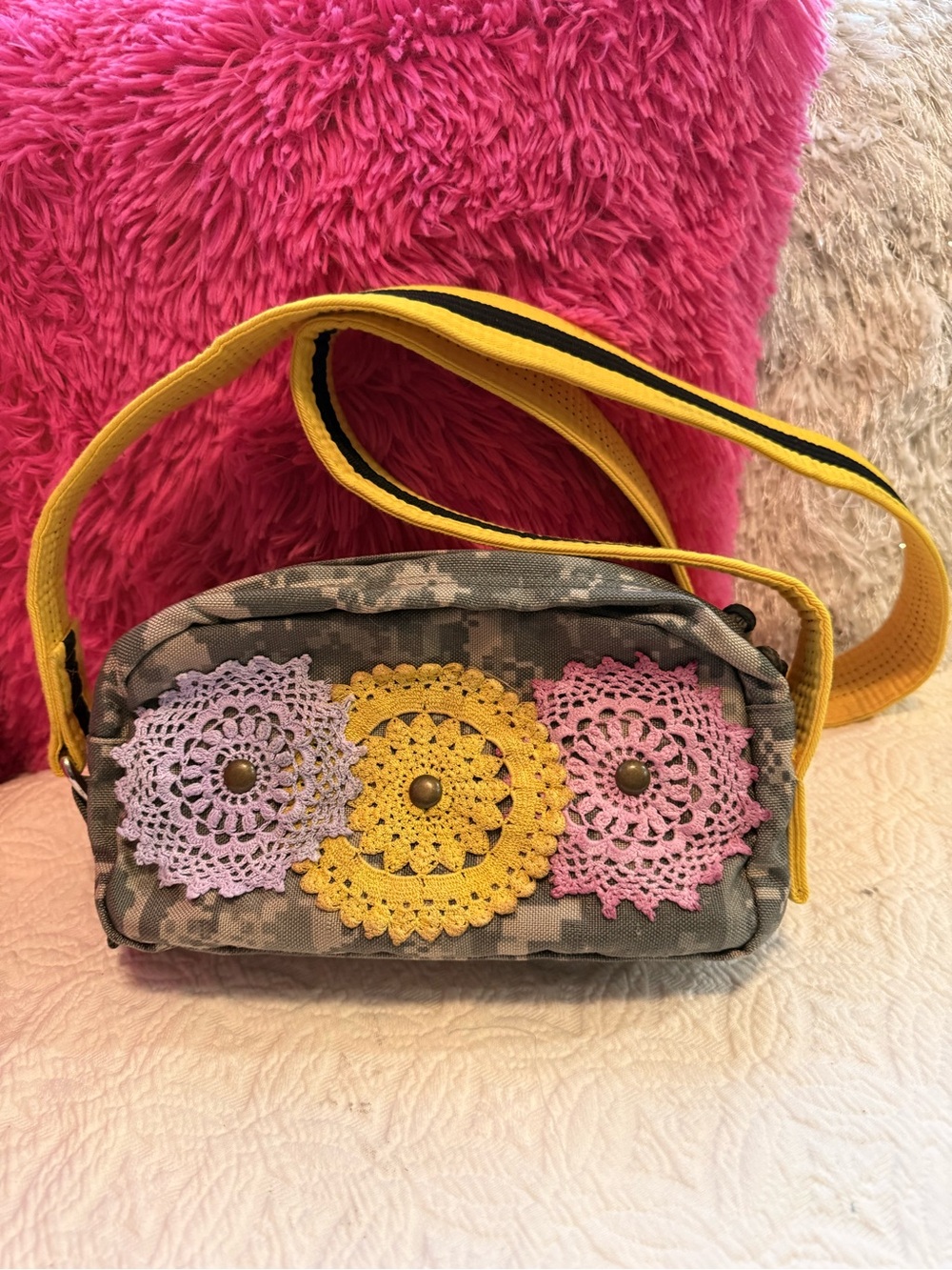 Martini Pink redesigned  Military Crossbody with cool accents and nailhead’s.